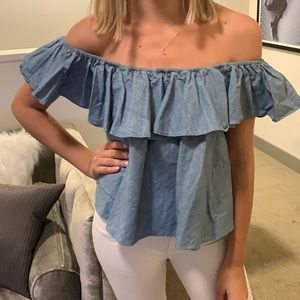 Denim ruffled off the shoulder